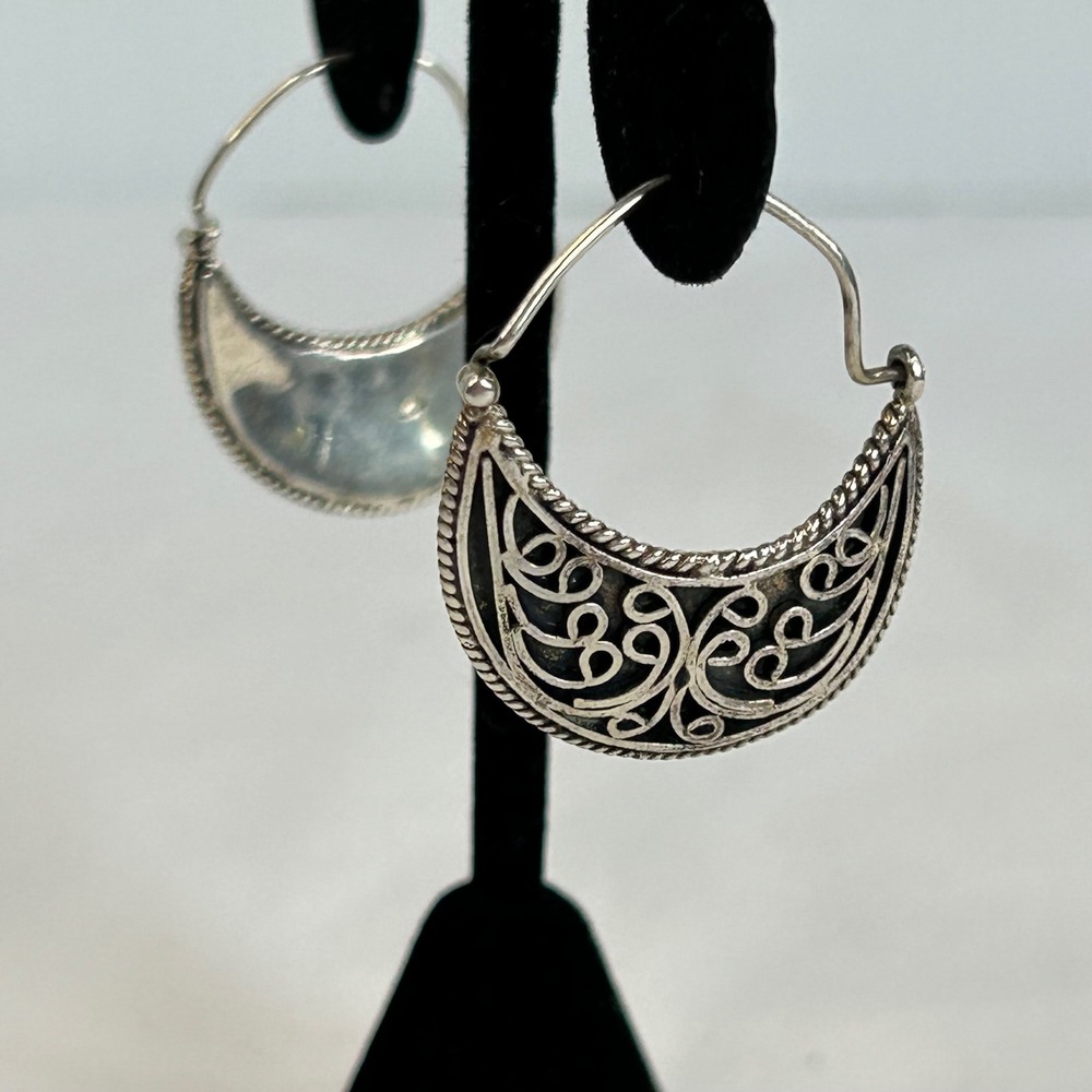 Sterling Silver‎ Crescent Moon Filigree Hoop Earrings Dangle Women